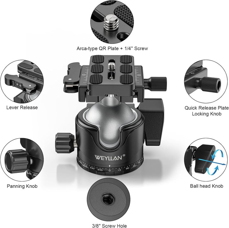 WEYLLAN EH46L Lever Ball Head with Stainless Steel Lock Pin, 46mm Low Profile Heavy Duty Tripod Ball Head Mount with Arca Swiss Quick Release Plate for Tripod Monopod DSLR Camera Camcorder Telescope - Image 3